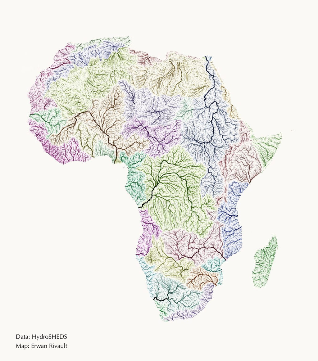 Topographic map of Africa with colorful river basins drawn on a white background